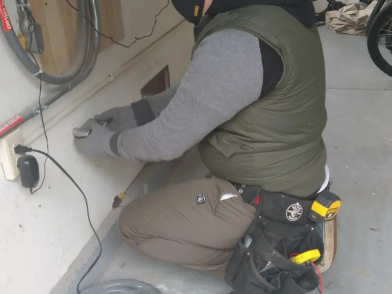 Electrician performing outlet wiring in a Pryor Creek garage